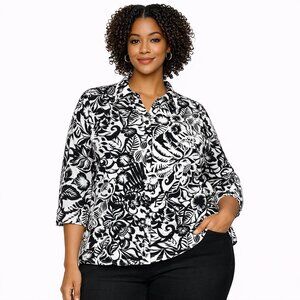 Chaps Black & White Floral Button-Down Shirt | 3/4 Sleeve | Plus Size 2X